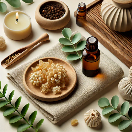 Aceite esencial de frankincense (incienso) para promover la calma y el bienestar, ideal para relajación y concentración.