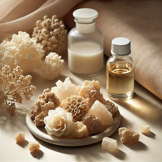 Resina de frankincense (incienso) sobre fondo neutro, destacando su pureza y beneficios para la relajación y el bienestar