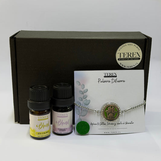 Set Bienestar Teren: pulsera difusora de acero, 2 blends de aceites esenciales y caja de regalo