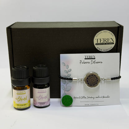 Set Bienestar Teren: pulsera difusora de cuero, 2 blends de aceites esenciales y caja de regalo