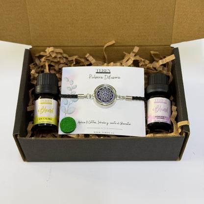 Set Bienestar Teren abierto: pulsera difusora de cuero con sus 2 blends de aceites esenciales