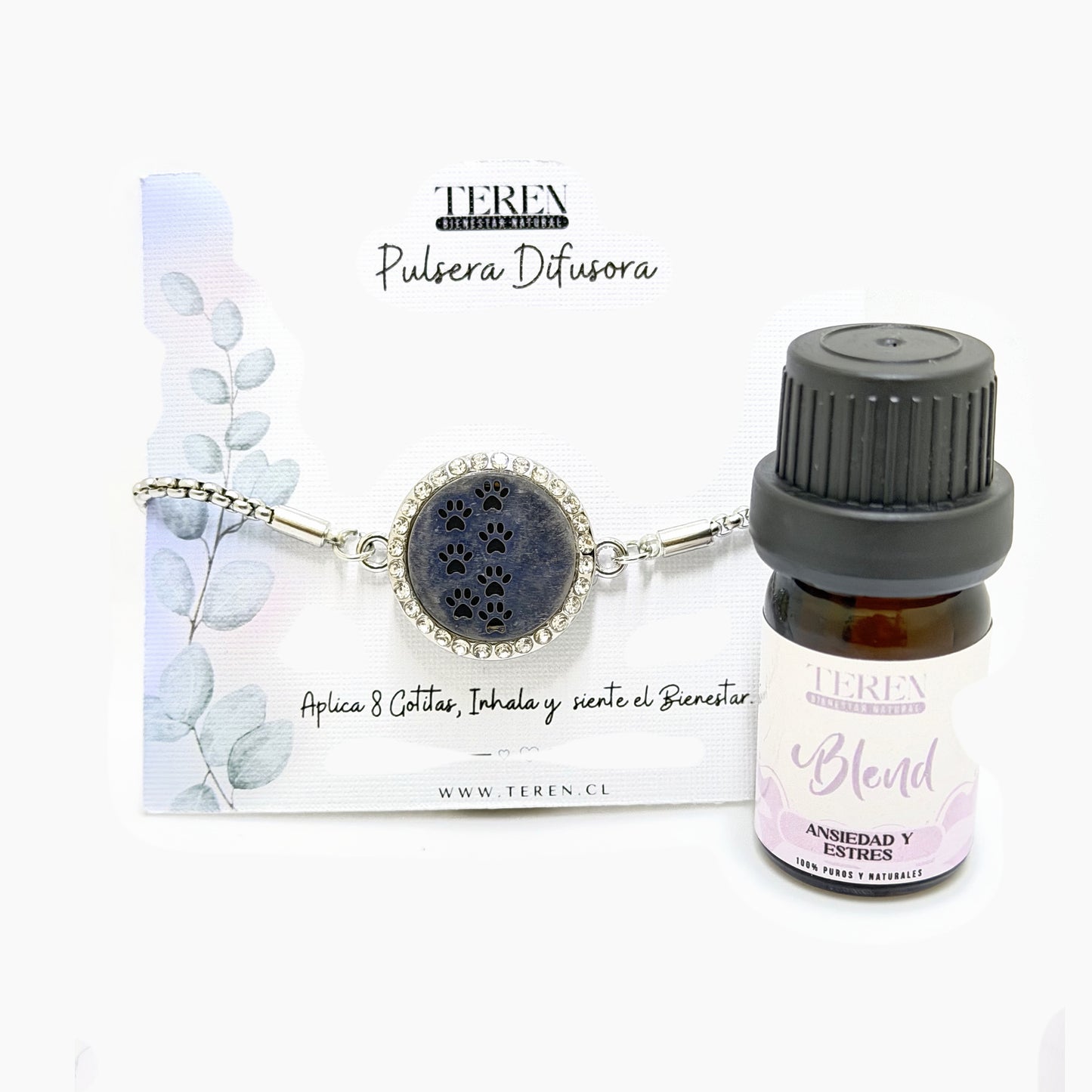 Pulsera acero difusora 14 Huellitas — Teren (blend Ansiedad y estrés)